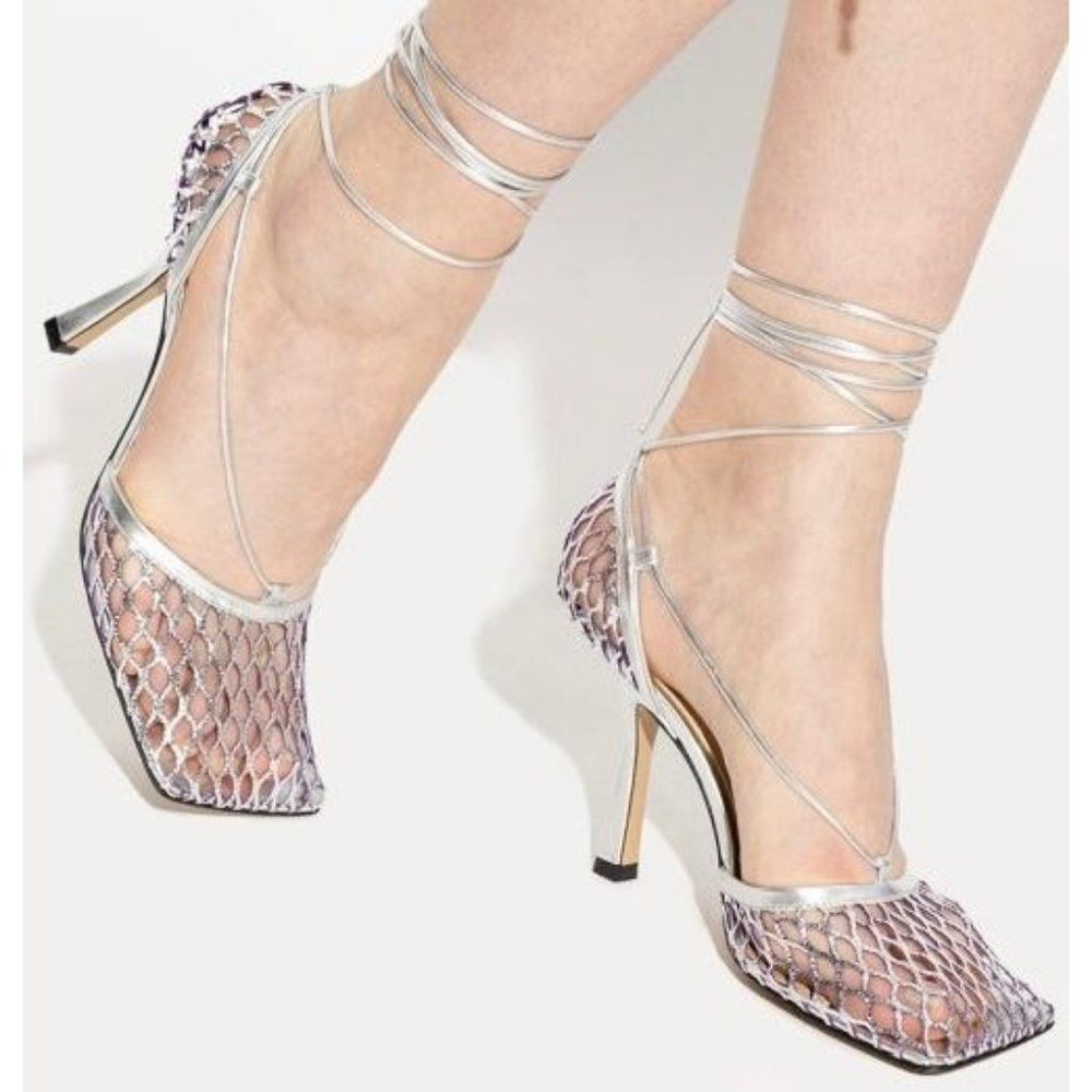 NWT BOTTEGA VENETA Metallic Mesh Square Toe Lace Wrap Sandals Size EU39.5